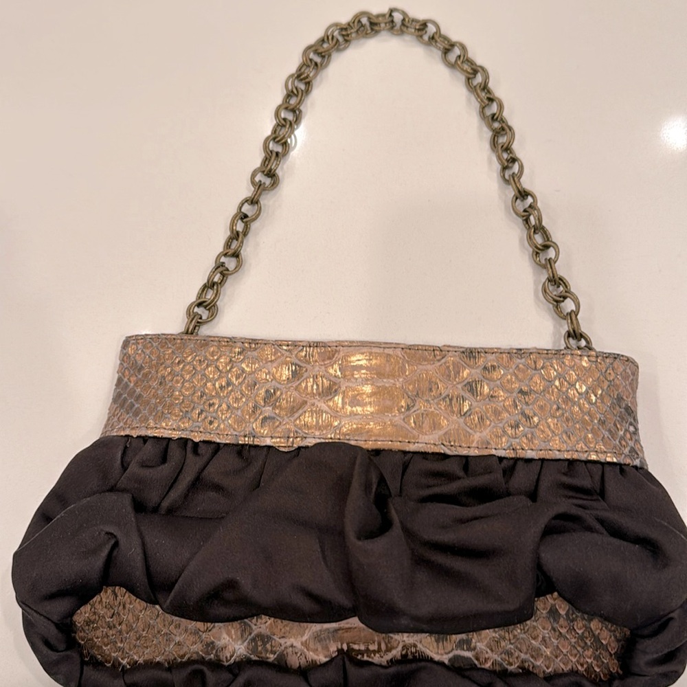 Women’s Lorelei python print+ brown satin puff evening bag, EUC, removable chain